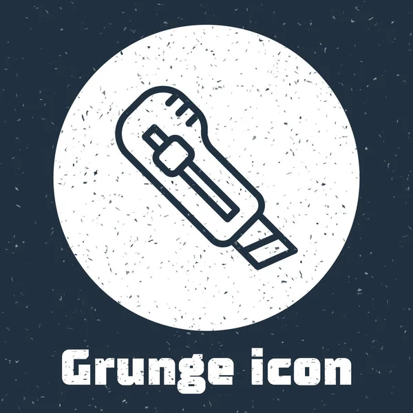 Grunge line Stationery knife icon isolated on grey background. Office paper cutter. Monochrome vintage drawing. Vector — Vetor de Stock