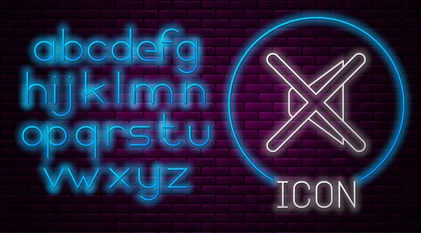 Glowing neon line Speaker mute icon isolated on brick wall background. No sound icon. Volume Off symbol. Neon light alphabet. Vector — 스톡 벡터