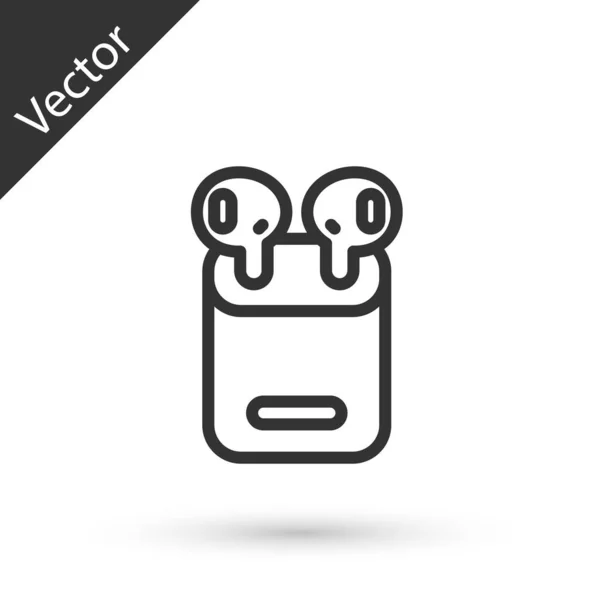 Línea gris Auriculares de aire en caja icono aislado sobre fondo blanco. Soporte inalámbrico en caso de auriculares garniture gadget electrónico. Vector — Vector de stock