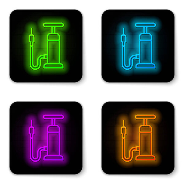 Glowing neon line Bicycle air pump icon isolated on white background. Black square button. Vector