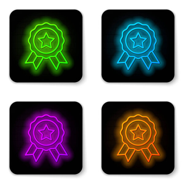 Glowing neon line Medal icon isolated on white background. Winner symbol. Black square button. Vector