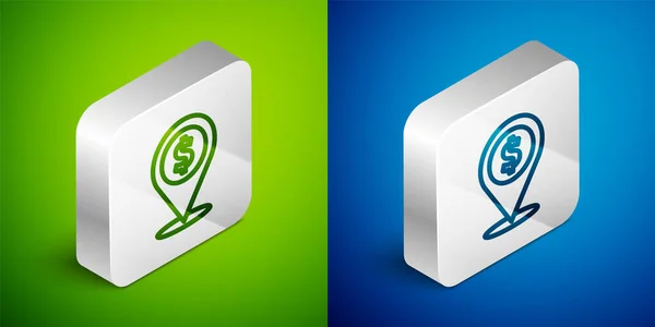 Isometric line Cash location pin icon isolated on green and blue background. Pointer and dollar symbol. Money location. Business and investment concept. Silver square button. Vector — 스톡 벡터