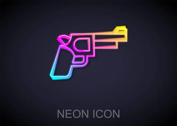 Glowing neon line Pistol or gun icon isolated on black background. Police or military handgun. Small firearm. Vector — Stock Vector