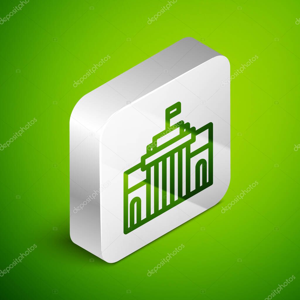 Isometric line Prado museum icon isolated on green background. Madrid, Spain. Silver square button. Vector