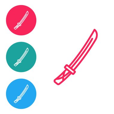 Kırmızı çizgi Geleneksel Japon katana simgesi beyaz arka planda izole edildi. Japon kılıcı. Simgeleri daire düğmelerine ayır. Vektör