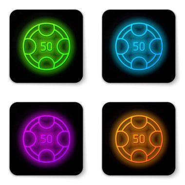 Glowing neon line Casino chips icon isolated on white background. Casino gambling. Black square button. Vector