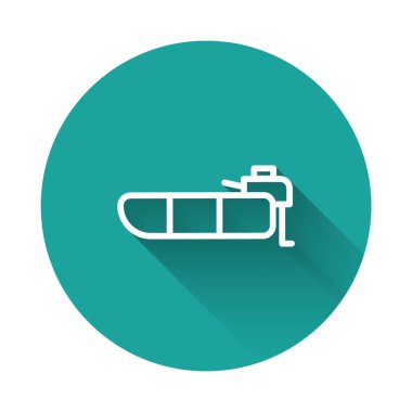 White line Inflatable boat with outboard motor icon isolated with long shadow background. Green circle button. Vector