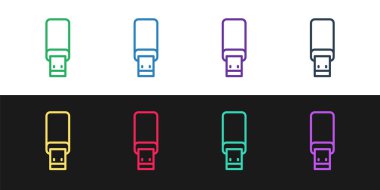 Set line USB flash drive icon isolated on black and white background. Vector