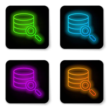 Parlayan neon hattı Sunucu, Data, Web sunucu simgesi beyaz arkaplanda izole edildi. Siyah kare düğme. Vektör