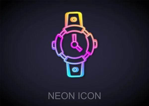 Glowing neon line Diving watch icon isolated on black background. Diving underwater equipment. Vector — Vetor de Stock