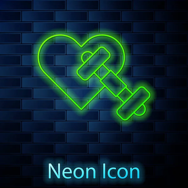 Glowing neon line Dumbbell with heart icon isolated on brick wall background. Muscle lifting, fitness barbell, sports equipment. Vector — 스톡 벡터