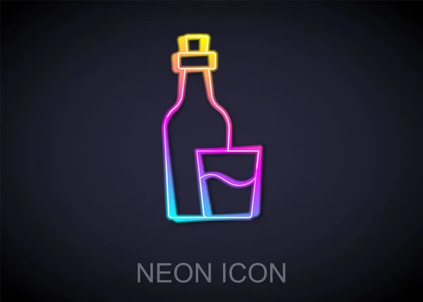 Glowing neon line Soju bottle icon isolated on black background. Korean rice vodka. Vector — Stock Vector