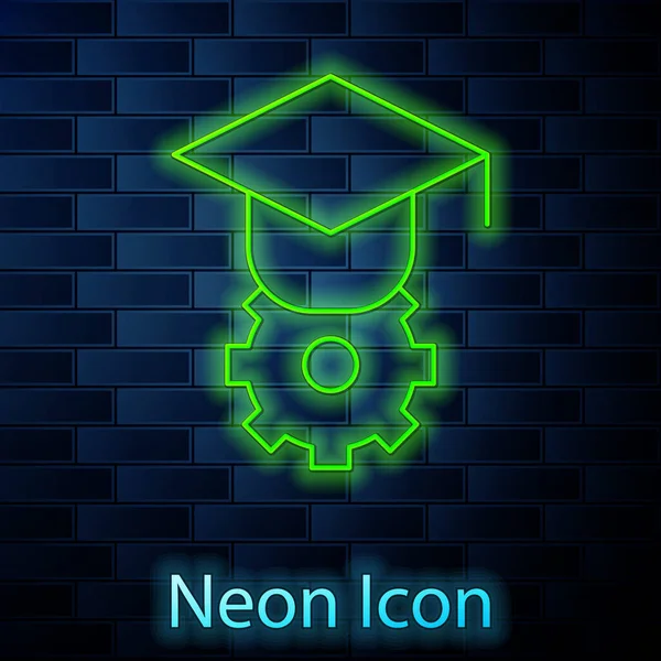 Linea neon incandescente icona del cappuccio di laurea isolato su sfondo muro di mattoni. Cappello da laurea con icona a nappa. Vettore — Vettoriale Stock