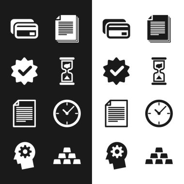 Set Old hourglass, Approved and check mark, Credit card, Document, and Clock icon. Vector