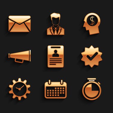 Set Identification badge, Calendar, Stopwatch, Approved and check mark, Time Management and Megaphone icon. Vector