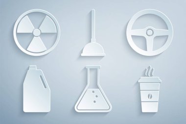 Set Test tube and flask, Steering wheel, Household chemicals bottle, Coffee cup, Rubber plunger and Radioactive icon. Vector