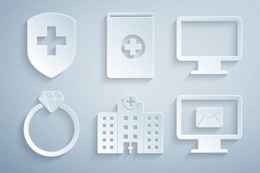 Set Medical hospital building, Computer monitor screen, Diamond engagement ring, Monitor and envelope, book and shield with cross icon. Vector
