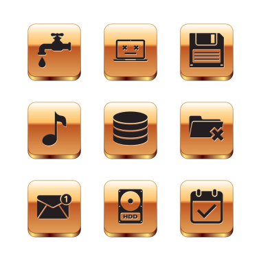 Set Water tap, New, email incoming message, Hard disk drive HDD, Database, Music note, tone and Floppy icon. Vector