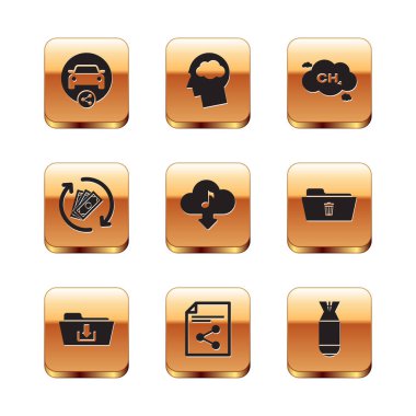 Set Car sharing, Folder download, Share file, Cloud music, Refund money and Methane emissions reduction icon. Vector