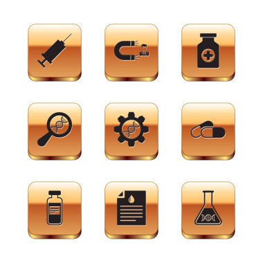 Set Syringe, Medical vial, ampoule, Clipboard with blood test, Genetic engineering, DNA research, search and Medicine bottle icon. Vector
