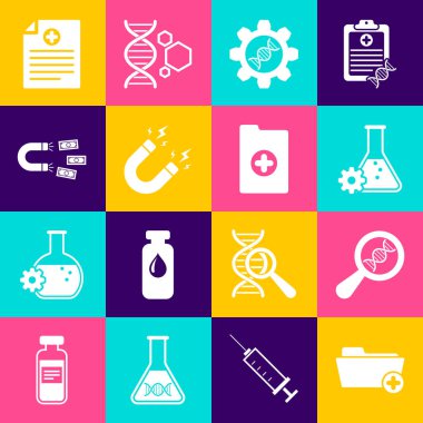 Set Health record folder, DNA research, search, Bioengineering, Genetic, Magnet with lightning and money icon. Vector