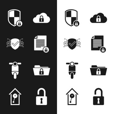 Set Document and lock, Cyber security, Shield with, Cloud computing, Scooter and Folder icon. Vector
