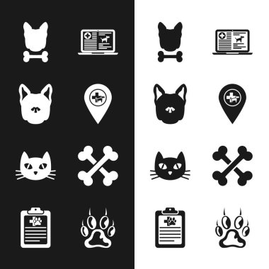 Set Location veterinary, Dog, and bone, Clinical record dog laptop, Cat and Crossed bones icon. Vector
