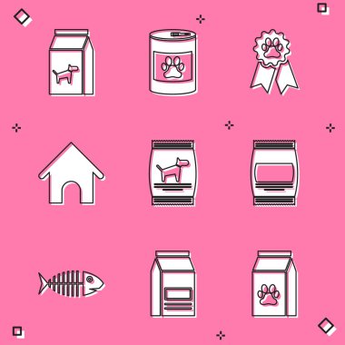 Set Bag of food for dog, Canned, Pet award symbol, Dog house, and icon. Vector