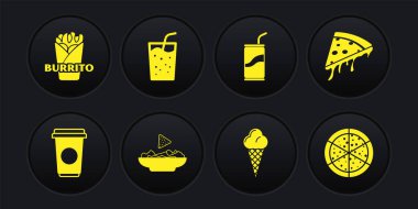 Set Coffee cup, Slice pizza, Nachos in plate, Ice cream waffle cone, Soda can with drinking straw, Glass water, Pizza and Burrito icon. Vector