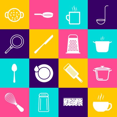 Set Coffee cup, Cooking pot, Knife, Frying pan, soup and Grater icon. Vector