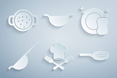 Set Chef hat and fork, Washing dishes, Kitchen colander, Frying pan, and Cooking soup pot icon. Vector
