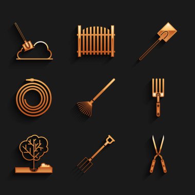 Set Garden rake for leaves, pitchfork, Gardening handmade scissor, Planting tree the ground, hose fire hose, shovel and Shovel icon. Vector