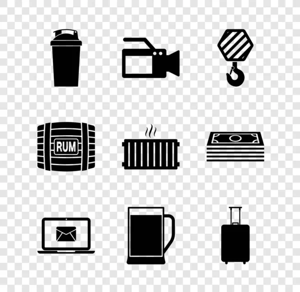Set Fitness shaker, Cinema camera, Industrial hook, Laptop with envelope, Glass of beer and Travel suitcase icon. Vector — Διανυσματικό Αρχείο