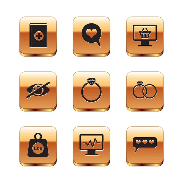 Set Medical book, Weight pounds, Monitor with cardiogram, Diamond engagement ring, Invisible hide and shopping basket icon. Vector — Διανυσματικό Αρχείο