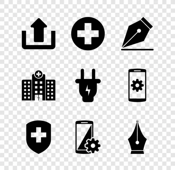 Set Upload, Medical cross in circle, Fountain pen nib, shield with, Setting on smartphone and icon. Vector — Stok Vektör