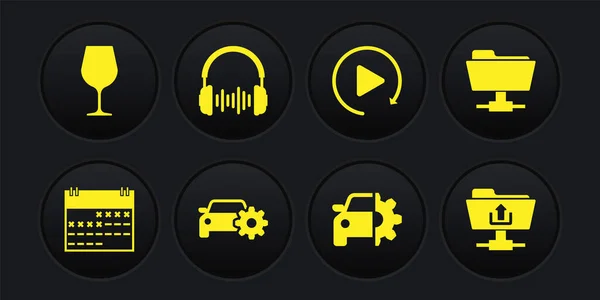 Set Calendar, FTP folder, Car service, , Video play button and Headphone and sound waves icon. Vector — Stockvector