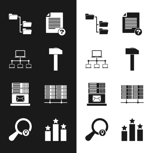 Set Hammer, Computer network, Folder tree, Unknown document, Mail server and Server, Data, Web Hosting icon. Vector — Image vectorielle