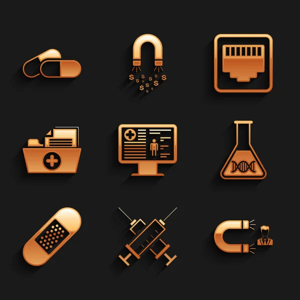 Set Clinical record on monitor, Crossed syringe, Customer attracting, DNA research, search, Bandage plaster and Health folder icon. Vector — Stock vektor