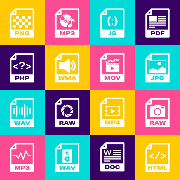 Set HTML file document, RAW, JPG, JS, WMA and PHP icon. Vector — Stockvektor