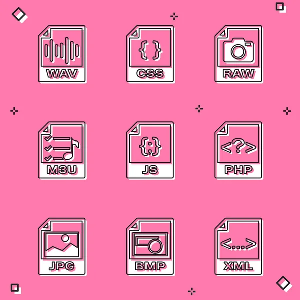 Set WAV file document, CSS, RAW, M3U, JS and PHP icon. Vector — 图库矢量图片
