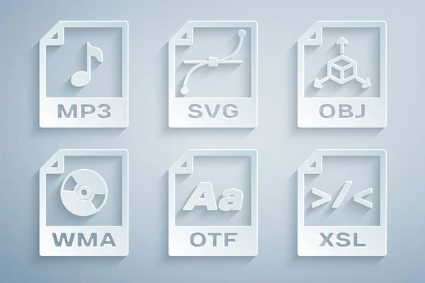 Set OTF file document, OBJ, WMA, XSL, SVG and MP3 icon. Vector — Stock vektor