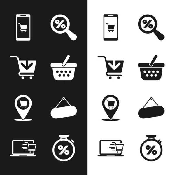 Set Shopping basket, Add to cart, Mobile and shopping, Magnifying glass with percent, Location, Signboard hanging, Stopwatch and laptop icon. Vector — Vettoriale Stock