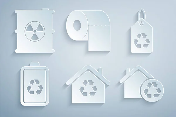 Set Eco House with recycling, Tag recycle, Battery, Toilet paper roll and Radioactive waste barrel icon. Vector — Stok Vektör