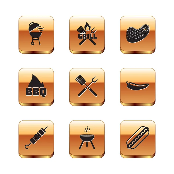 Set Barbacoa a la parrilla, shish kebab a la parrilla, tenedor cruzado y espátula, llama de fuego, carne de filete, sándwich de Hotdog e icono. Vector — Vector de stock