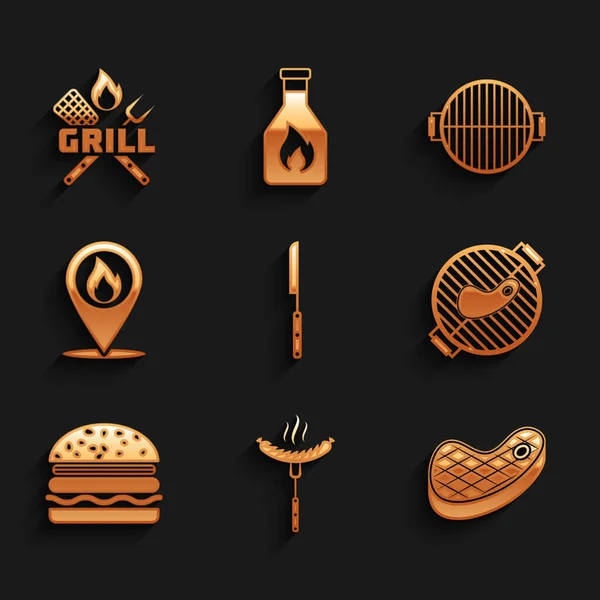 Set Barbecue knife, Sausage on the fork, Steak meat, grill with steak, Burger, Location fire flame, and Crossed and spatula icon. Vector — Stockvektor