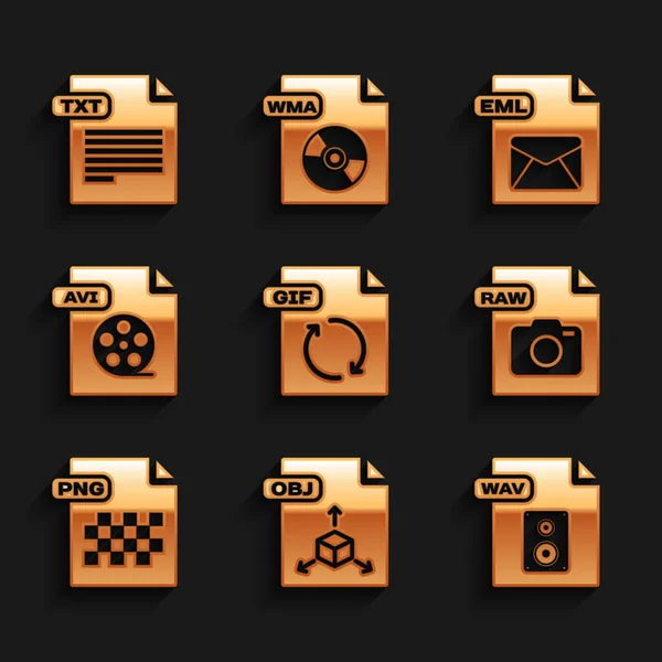 Set GIF file document, OBJ, WAV, RAW, PNG, AVI, EML and TXT icon. Vector — Vettoriale Stock