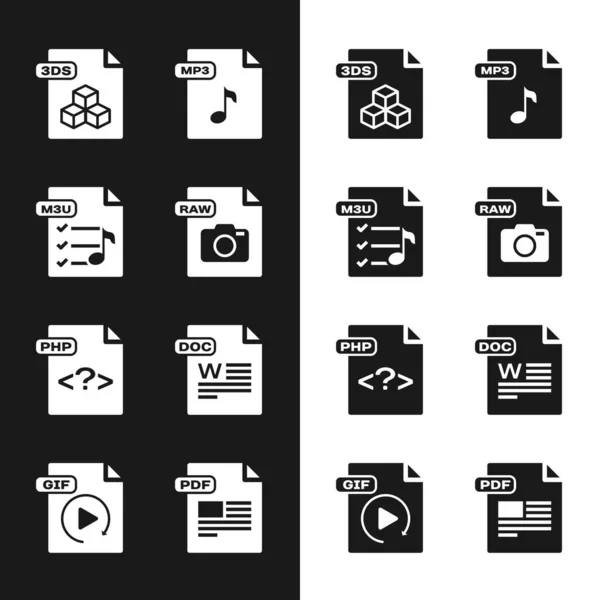 Set RAW file document, M3U, 3DS, MP3, PHP, DOC, PDF and GIF icon. Vector — Image vectorielle