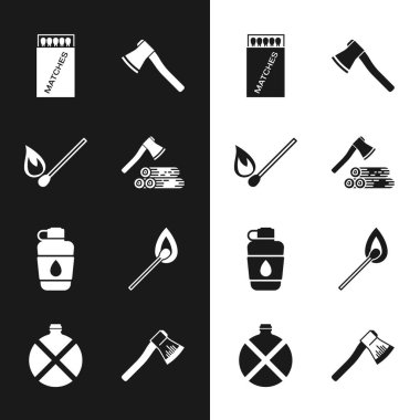 Set Wooden axe and wood, Burning match with fire, Open matchbox matches, Canteen water bottle, and icon. Vector