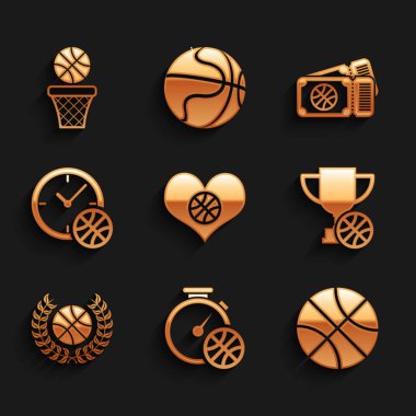 Set Heart with basketball ball, Stopwatch, Basketball, Award cup, Clock, game ticket and and icon. Vector
