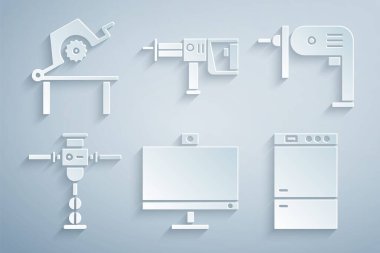 Set Computer monitor, Electric drill machine, Construction jackhammer, Refrigerator, Rotary and Table saw for woodwork icon. Vector